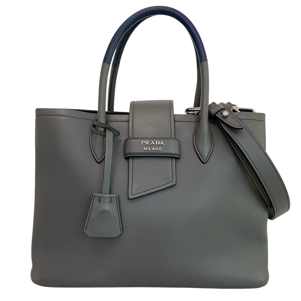 Prada Gray + Blue Leather 2-Way Tote Bag w Strap Silver Hardware - Authentic